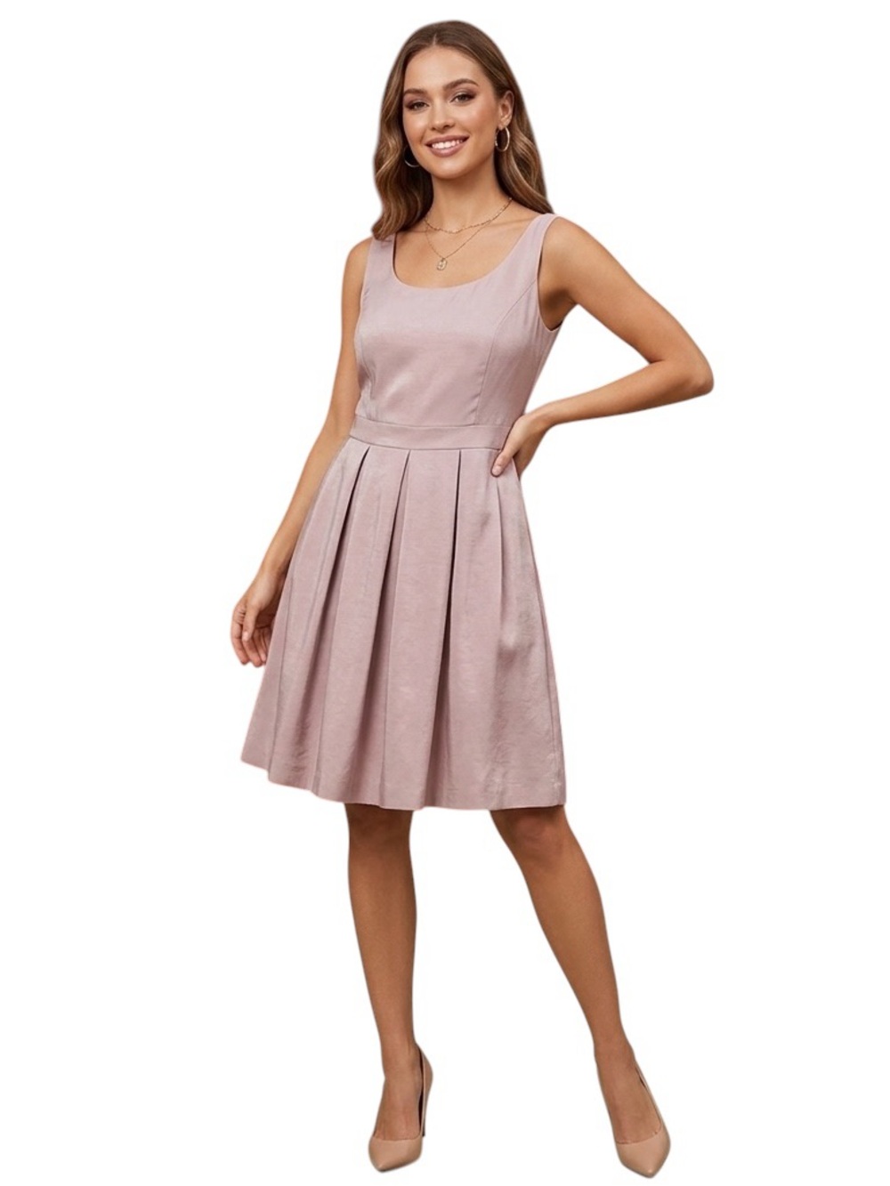 Tahari Pleated A-Line Cockail Dress Neutral Beige Tan Sleeveless Size 6